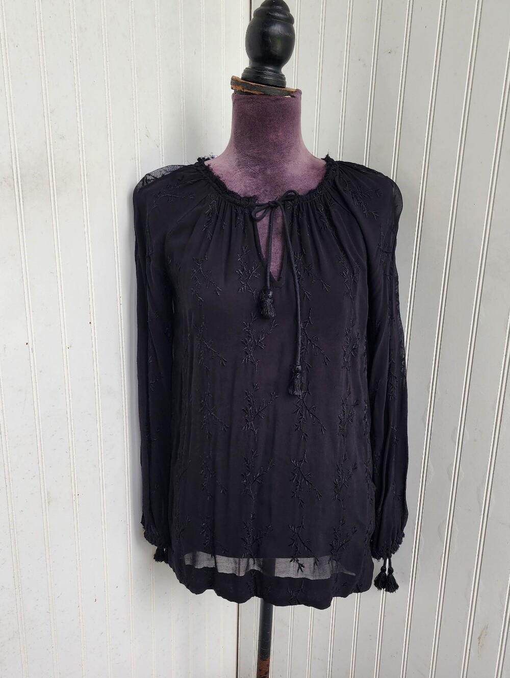 Lucky Brand Sheer Black Silk Embroidered Top Tunic Blouse Boho Blouse XS